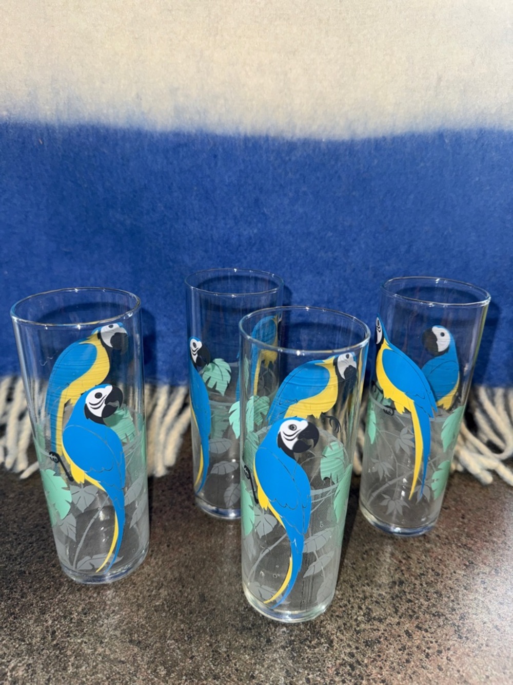 vintage Neiman Marcus highball glasses vibrant tropical blue yellow macaw parrot